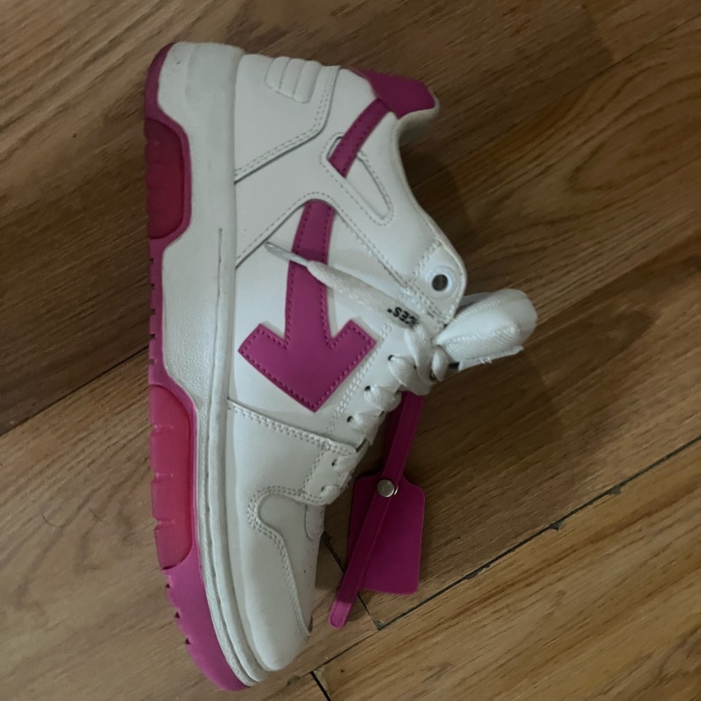 White and Pink Off-White Sneakers